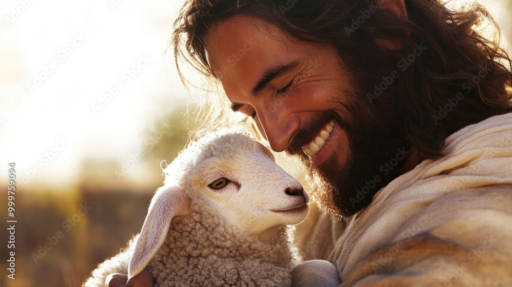 A joyful moment shared between a gentle shepherd and a soft, loving lamb in sunlit pastoral beauty. Generative AI A joyful moment shared between a gentle shepherd and a soft, loving lamb in sunlit pastoral beauty. Generative AI