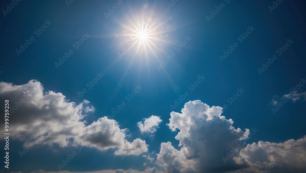 Bright sun shining over a clear blue sky with fluffy clouds, creating a serene and tranquil atmosphere perfect for outdoor activities Bright sun shining over a clear blue sky with fluffy clouds, creating a serene and tranquil atmosphere perfect for outdoor activities