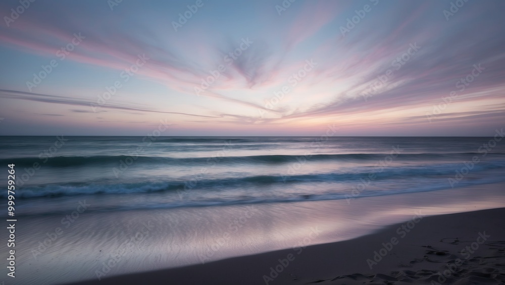 Fototapeta premium Stunning beach scene at sunset with soft waves, tranquil water, and pastel sky colors ideal for themes of relaxation and nature