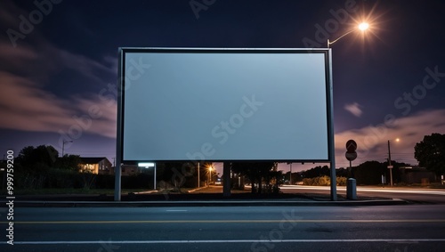 Large blank billboard on roadside at night, highlighting urban advertising potential  Suitable for marketing, promotions, events in urban settings photo