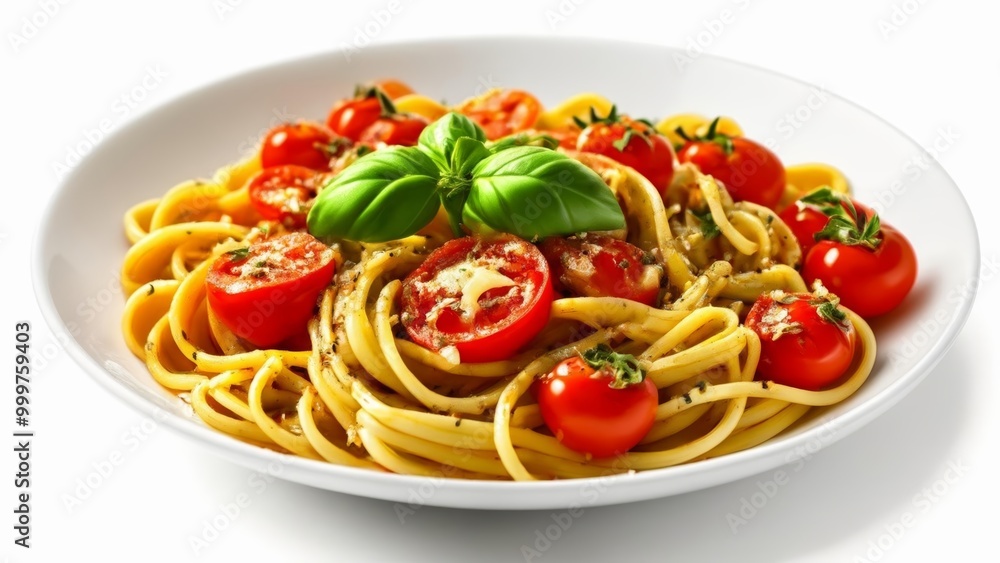 Delicious pasta dish with cherry tomatoes and basil Delicious pasta dish with cherry tomatoes and basil