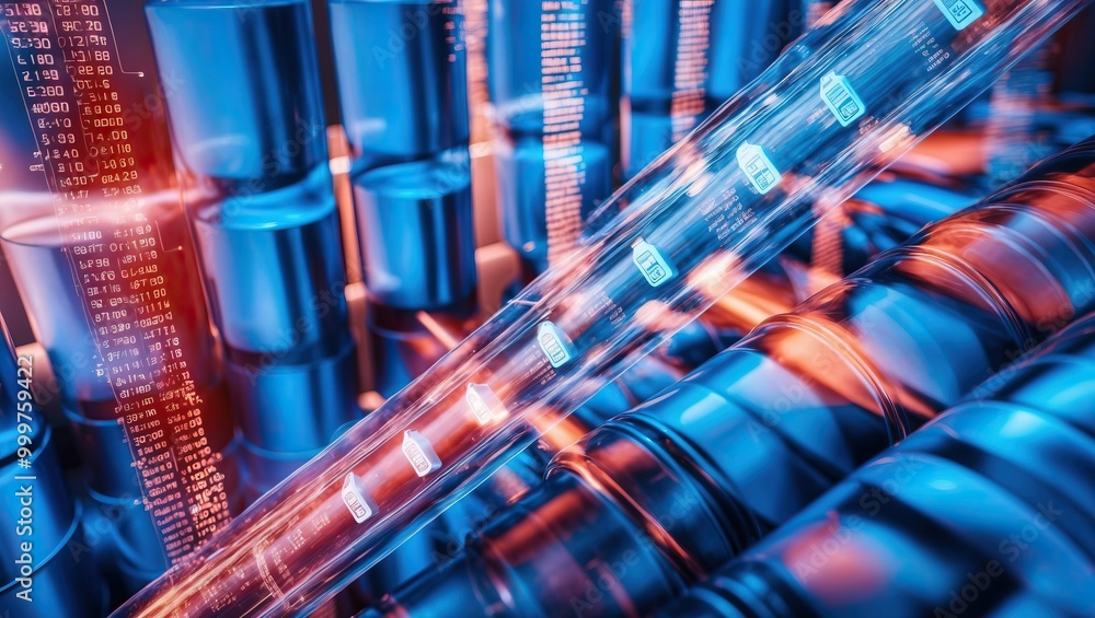 Obraz premium Futuristic visual of machinery and data flow, showcasing innovation and technology in modern industry Illustrates automation and digital transformation