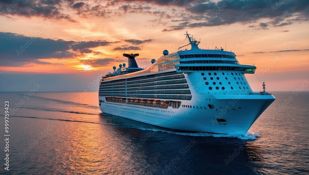 Cruise ship sailing on tranquil ocean at sunset, ideal for travel, vacation, and relaxation concepts Cruise ship sailing on tranquil ocean at sunset, ideal for travel, vacation, and relaxation concepts