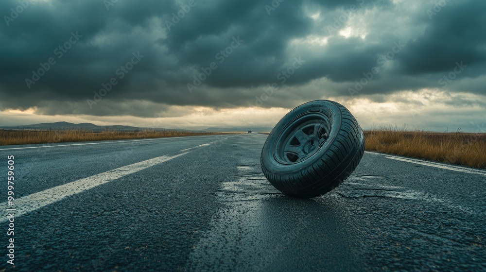 A dramatic image of a flat tire on the side of a highway, with the tire visibly deflated and resting awkwardly on the pavement. The road stretches off into the distance under a cloudy sky. A dramatic image of a flat tire on the side of a highway, with the tire visibly deflated and resting awkwardly on the pavement. The road stretches off into the distance under a cloudy sky.