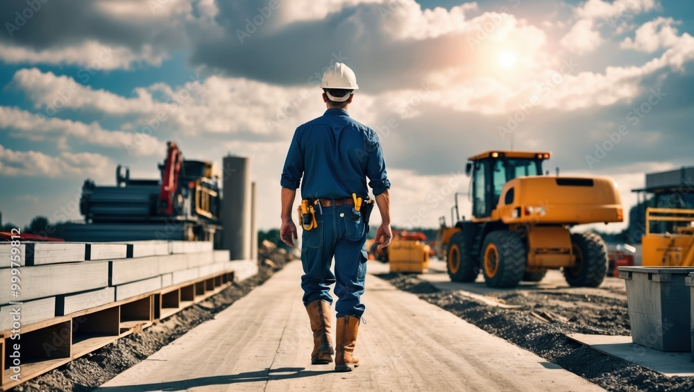 Construction worker in safety gear walks through site with machinery under blue sky, symbolizing progress and development in infrastructure projects Construction worker in safety gear walks through site with machinery under blue sky, symbolizing progress and development in infrastructure projects