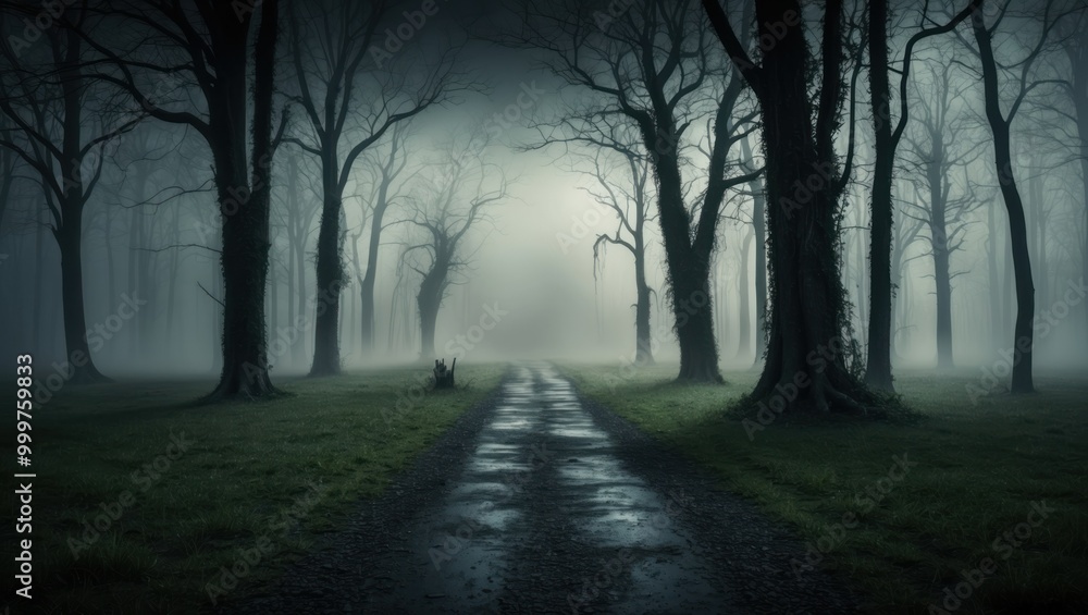 Eerie forest landscape shrouded in fog, featuring a winding path surrounded by dark, looming trees Perfect for evoking mystery and tranquility Eerie forest landscape shrouded in fog, featuring a winding path surrounded by dark, looming trees Perfect for evoking mystery and tranquility