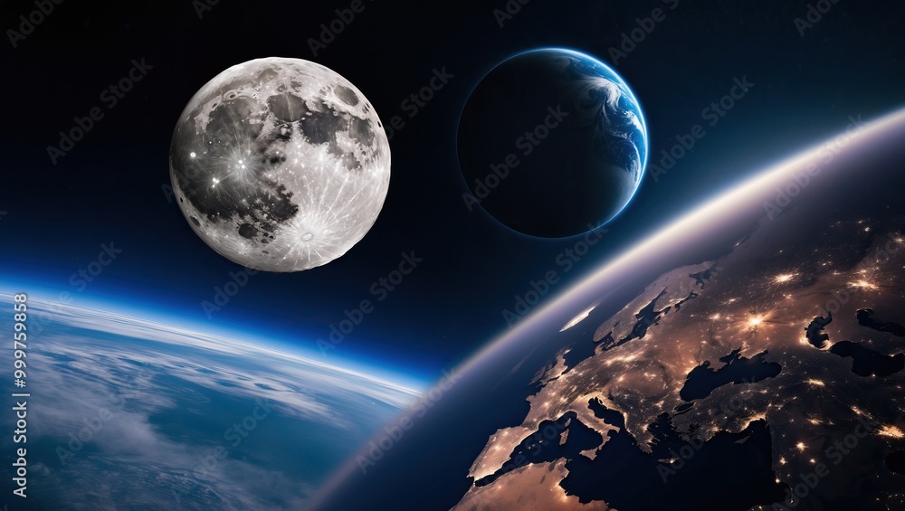 Fototapeta premium Stunning view of the Earth and Moon from space, highlighting cosmic beauty and vastness, ideal for astronomy, science, and exploration themes