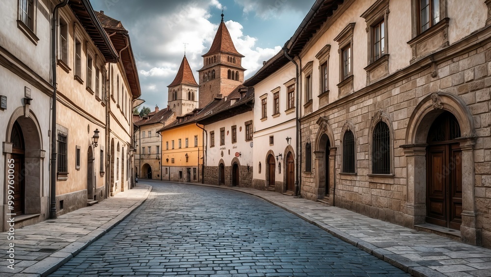 Fototapeta premium Picturesque cobblestone street lined with historic buildings under a cloudy sky, inviting exploration and showcasing architectural charm