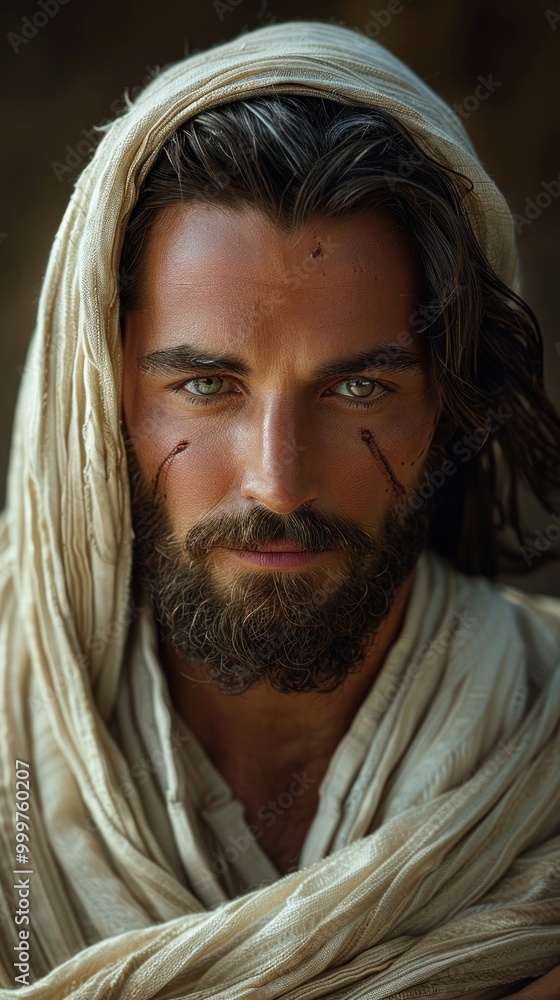 A mysterious figure with captivating eyes and a flowing cloak stands in an ancient, sunlit landscape. Generative AI A mysterious figure with captivating eyes and a flowing cloak stands in an ancient, sunlit landscape. Generative AI