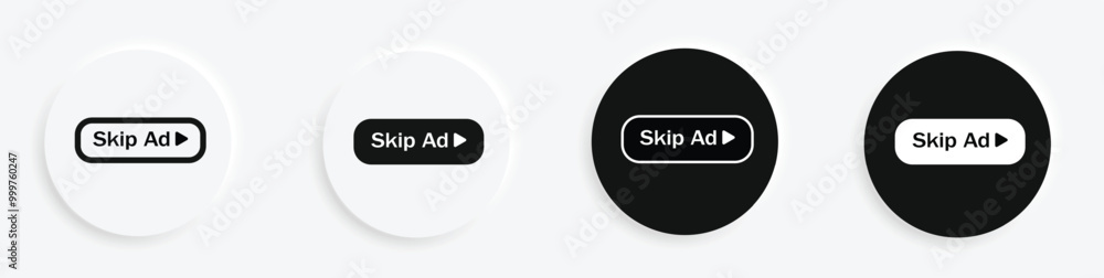 Skip ad button set. Skip ad icon in neomorphs style. Icons for business, white UI, UX. Ad symbol. Black button skip ad for website. Vector icon. Skip ad button set. Skip ad icon in neomorphs style. Icons for business, white UI, UX. Ad symbol. Black button skip ad for website. Vector icon.