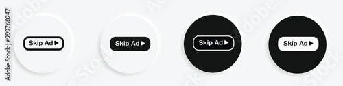 Skip ad button set. Skip ad icon in neomorphs style. Icons for business, white UI, UX. Ad symbol. Black button skip ad for website. Vector icon.