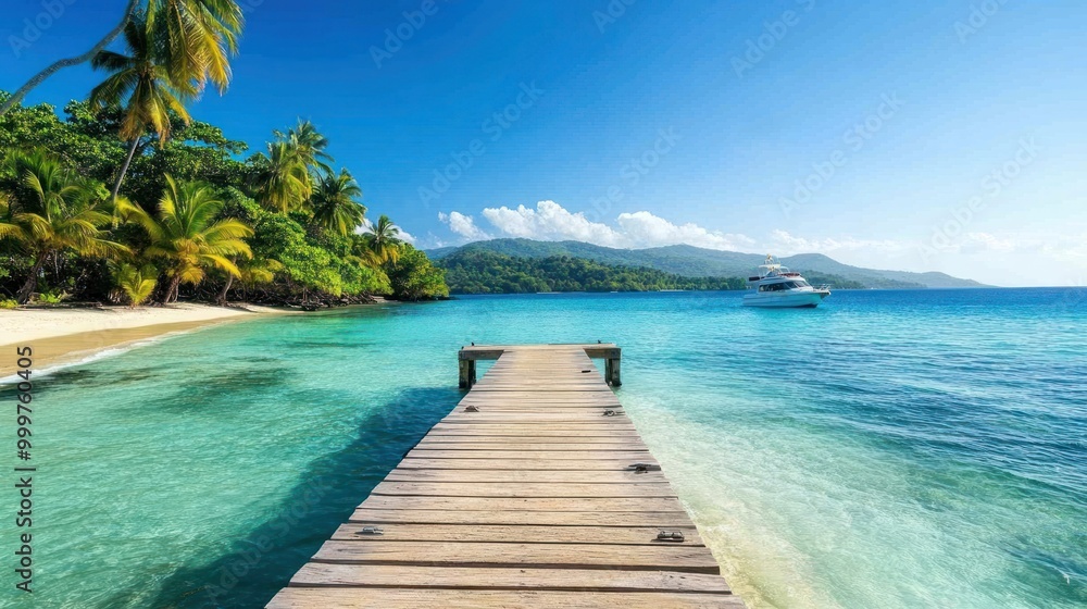 Tropical Paradise: A Wooden Dock Leading to Azure Waters Tropical Paradise: A Wooden Dock Leading to Azure Waters