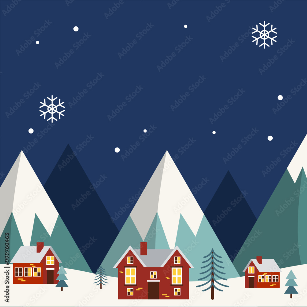 Fototapeta premium Winter landscapes with houses, hills in snowdrifts, mountain square background with blank space area