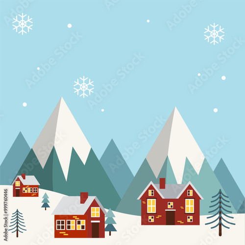 Winter landscapes with houses, hills in snowdrifts, mountain in morning background with blank space area