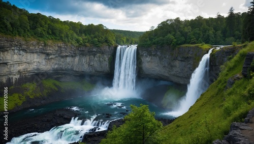 Majestic waterfall cascading down rocky cliffs surrounded by lush greenery, creating a serene and picturesque natural landscape ideal for exploration