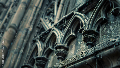 Macro Shot of Raindrops on a Gothic Cathedral Facade, Adding Drama to Architectural Details