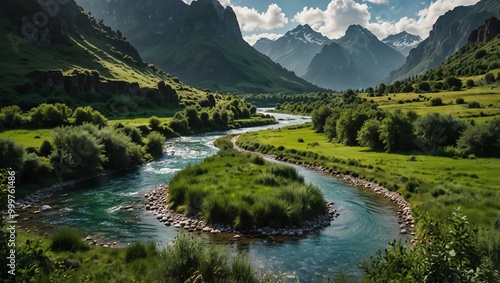 mountain river in the mountains , A winding river flows through a green valley, surrounded by high mountains.