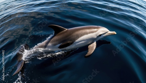 Dolphin gracefully swims through deep blue ocean waters, showcasing playful behavior and natural beauty  Ideal for wildlife and marine conservation themes photo