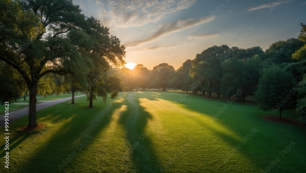 Scenic park landscape at sunrise showcasing vibrant green grass, majestic trees, and long shadows, creating a serene and tranquil atmosphere Scenic park landscape at sunrise showcasing vibrant green grass, majestic trees, and long shadows, creating a serene and tranquil atmosphere