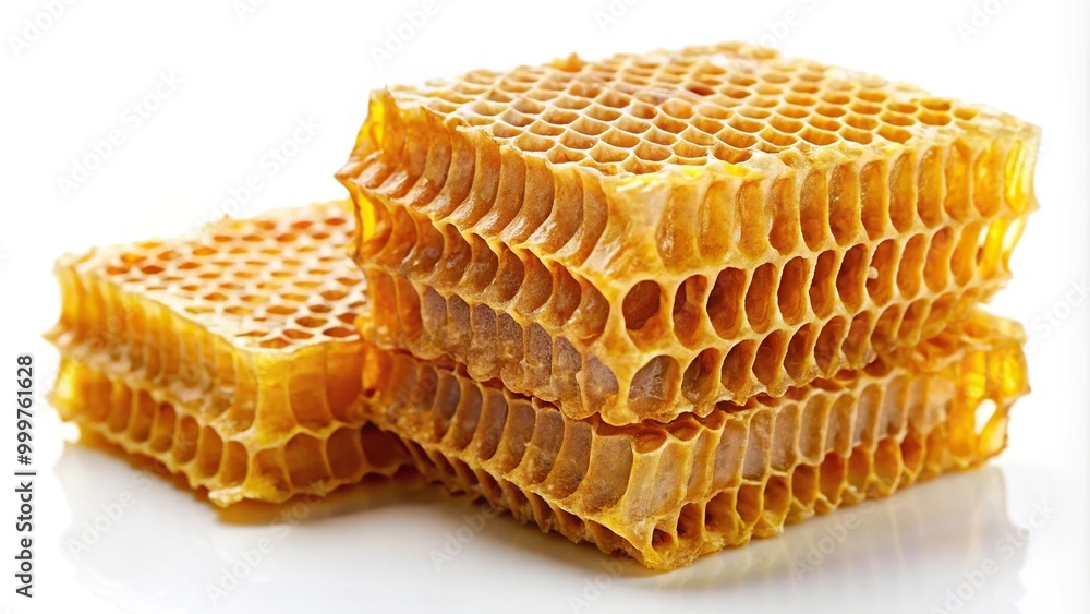 Golden stack of honeycomb on white background captured with fisheye lens