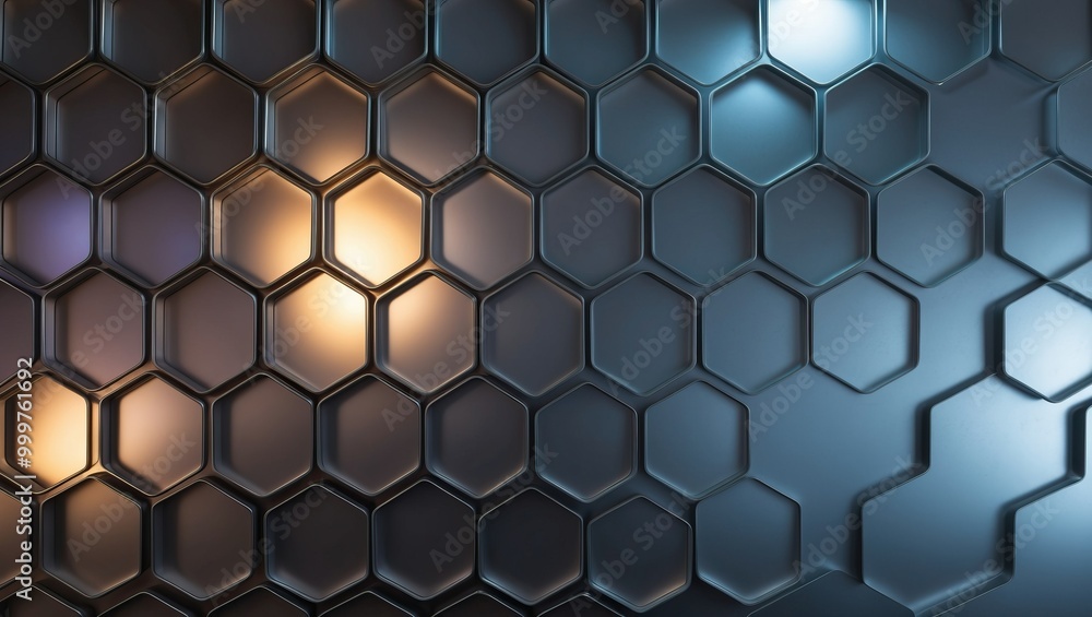Futuristic hexagonal pattern with illuminating lights creates a modern and abstract ambiance suitable for technology or design concepts Futuristic hexagonal pattern with illuminating lights creates a modern and abstract ambiance suitable for technology or design concepts