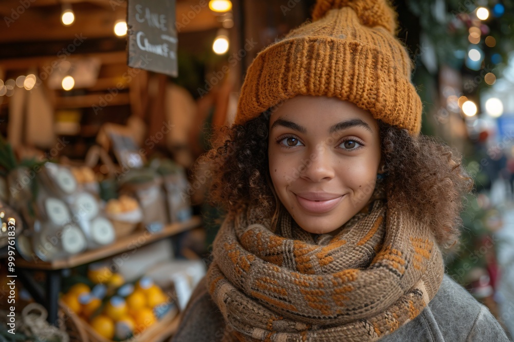 A young woman stands in front of a market stall filled with vibrant produce, wearing a warm knitted hat and scarf. She beams with joy as the winter atmosphere surrounds her A young woman stands in front of a market stall filled with vibrant produce, wearing a warm knitted hat and scarf. She beams with joy as the winter atmosphere surrounds her
