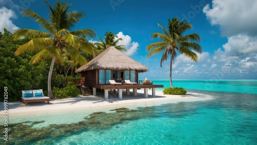 Tropical beach scene featuring a luxury bungalow surrounded by palm trees and clear blue waters, ideal for vacations, retreats, and relaxation