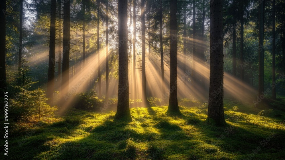 Obraz premium A serene forest scene with sunlight filtering through trees, creating a mystical atmosphere.