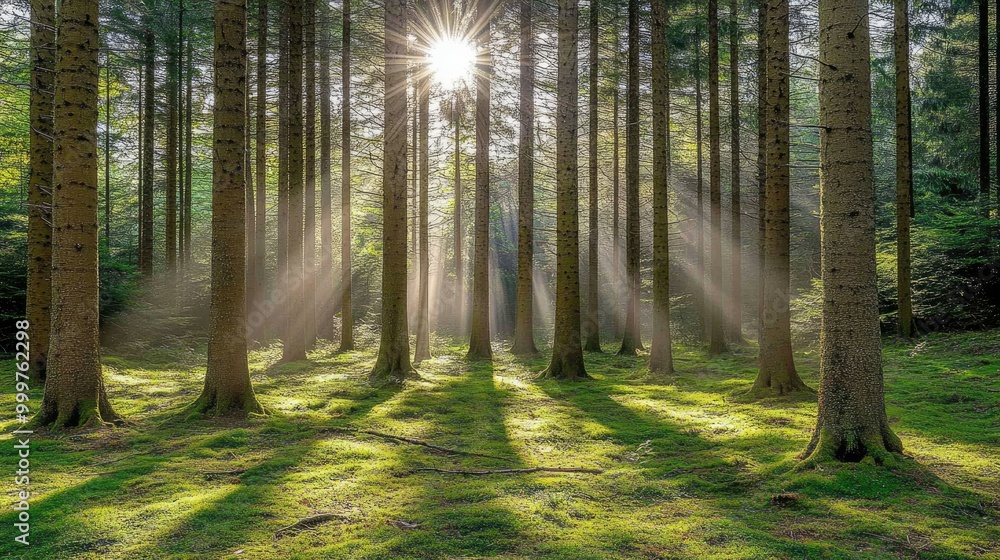 Obraz premium A serene forest scene with sunlight filtering through trees, creating a peaceful atmosphere.