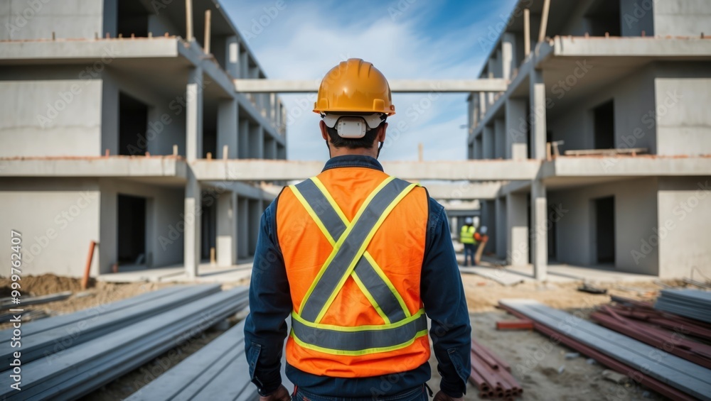Construction worker in safety gear oversees building site progress, emphasizing teamwork and safety protocols in a dynamic environment Construction worker in safety gear oversees building site progress, emphasizing teamwork and safety protocols in a dynamic environment