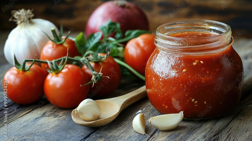 A jar of homemade tomato sauce placed next to a bunch of fresh tomatoes, garlic, and onions, with a wooden spoon resting on the jar. A jar of homemade tomato sauce placed next to a bunch of fresh tomatoes, garlic, and onions, with a wooden spoon resting on the jar.