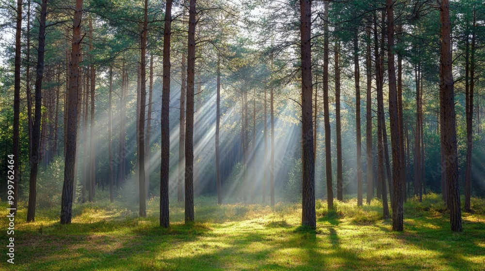 Obraz premium A serene forest scene with sunlight filtering through tall trees, creating a peaceful atmosphere.