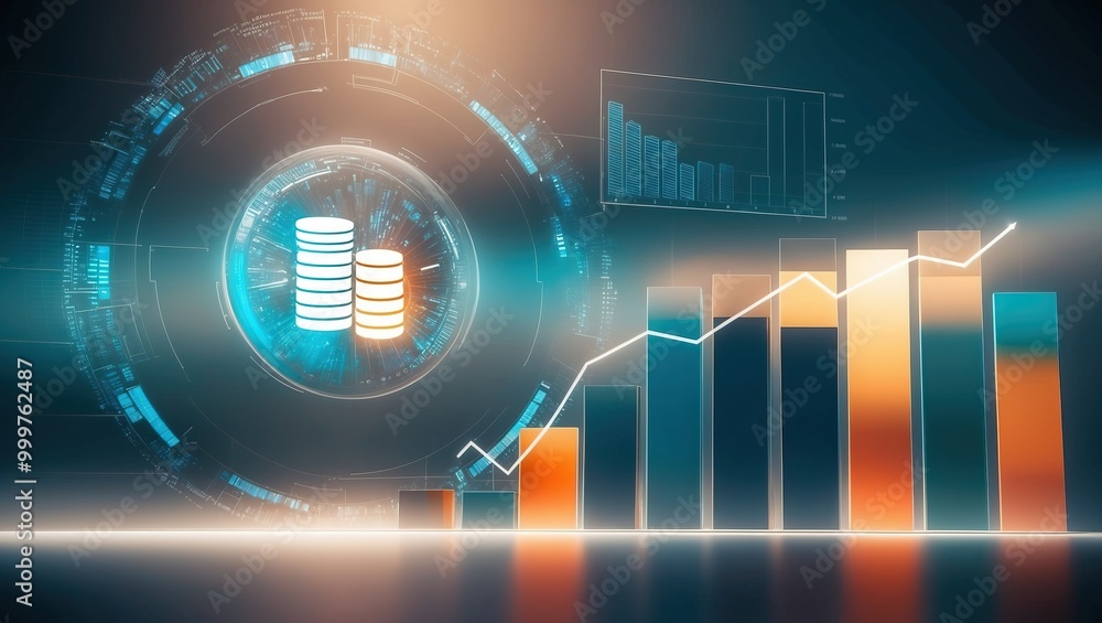 Obraz premium Futuristic finance visualization featuring graphs, data trends, and coins, symbolizing investment growth and digital technology in the financial sector