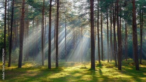 A serene forest scene with sunlight filtering through tall trees, creating a peaceful atmosphere.