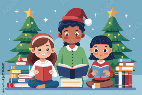 Children Reading Books Together by Christmas Trees