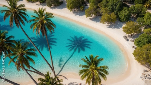 Wallpaper Mural Aerial view of a tropical lagoon with clear water and palm trees casting shadows on soft sand, evoking a peaceful and idyllic beach atmosphere Torontodigital.ca