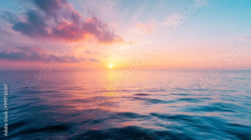 Serene Ocean Sunset, a tranquil evening scene where vibrant hues of orange, pink, and purple blend in the sky above a peaceful ocean, soft focus adds depth to the ambiance.