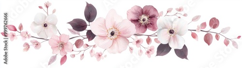 Elegant watercolor illustration of dark hellebores, anemones, and clematis branches, perfect for invitations and wedding cards, beautifully arranged on a white background. photo