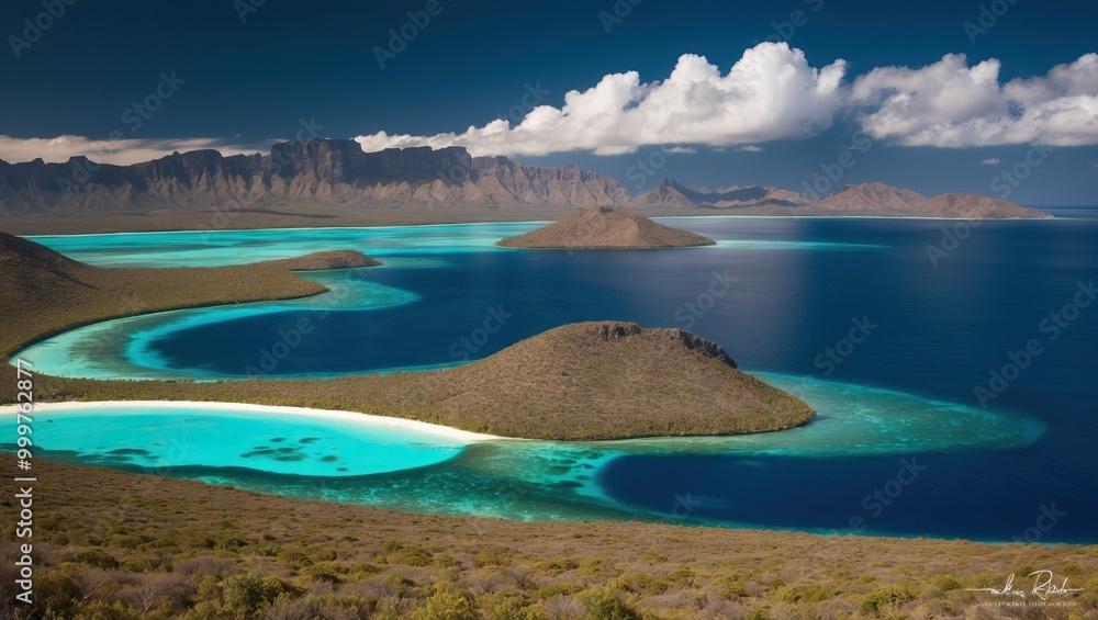 Obraz premium Breathtaking tropical landscape featuring vibrant blue waters, distant islands, and lush greenery, ideal for travel, relaxation, and nature exploration
