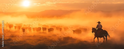 Cowboy Herding Cattle Across Misty Grassy Plains at Sunrise