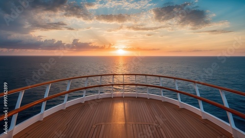 Stunning sunset view from cruise ship deck over calm ocean waters, radiating warmth and tranquility, perfect for travel and leisure themes photo