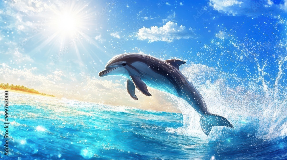 Obraz premium Cheerful Dolphin Leaping in Crystal Clear Water