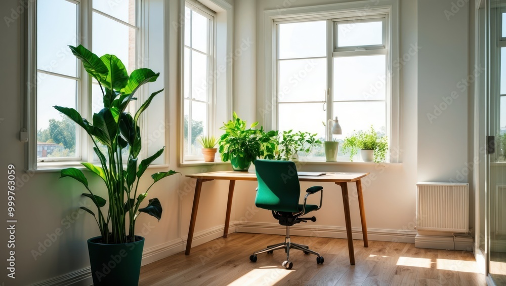 Bright office space featuring a desk, chair, and lush plants by window, creating a serene and productive atmosphere for work or study Bright office space featuring a desk, chair, and lush plants by window, creating a serene and productive atmosphere for work or study