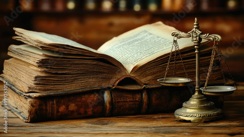 An open law book lies on a wooden table with a brass balance scale next to it, highlighting a connection between legal knowledge and justice