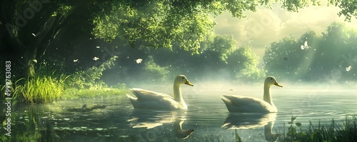 Ducks gliding through a tra...