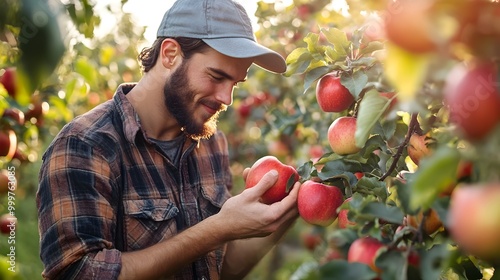 Young farmer picking red ap...