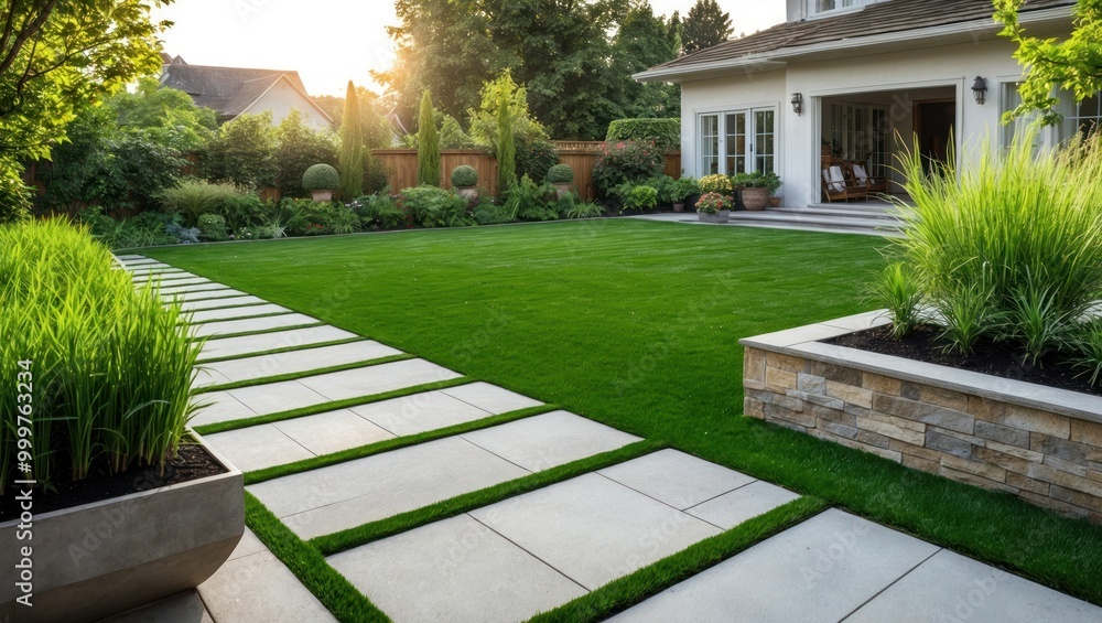 Obraz premium Beautiful garden setting with landscaped lawn, modern walkway, and residential home, perfect for relaxation and outdoor leisure activities