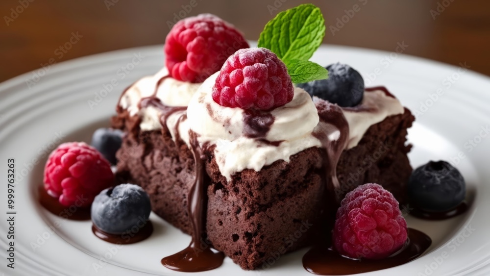 Deliciously decadent chocolate cake with fresh berries and cream Deliciously decadent chocolate cake with fresh berries and cream