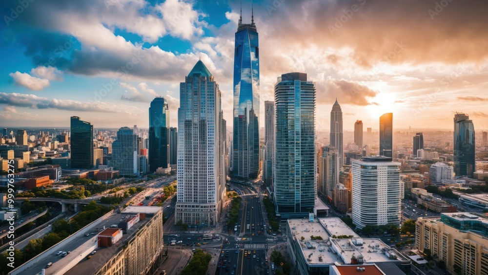 Obraz premium Panoramic view of vibrant city skyline at sunset, featuring modern skyscrapers and bustling streets, perfect for urban lifestyle or travel themes