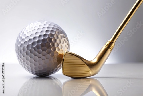 Golf ball on white tee with gold club on white background minimalist